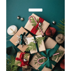 Пакет ПЭ с вырубной ручкой 38х45+3см 60мкм "Подарки на зеленом" глянцевый 25/500